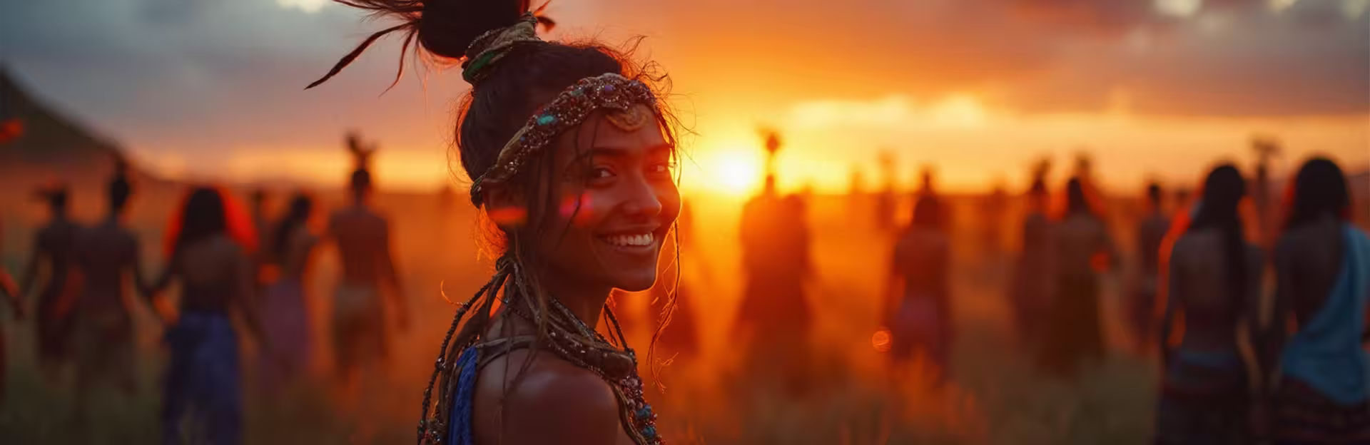 Femme avec un bandeau tribal sourit lors d'une célébration spirituelle au coucher du soleil, entourée d'une communauté. Développement personnel, connexion, éveil. Vivressentiel.